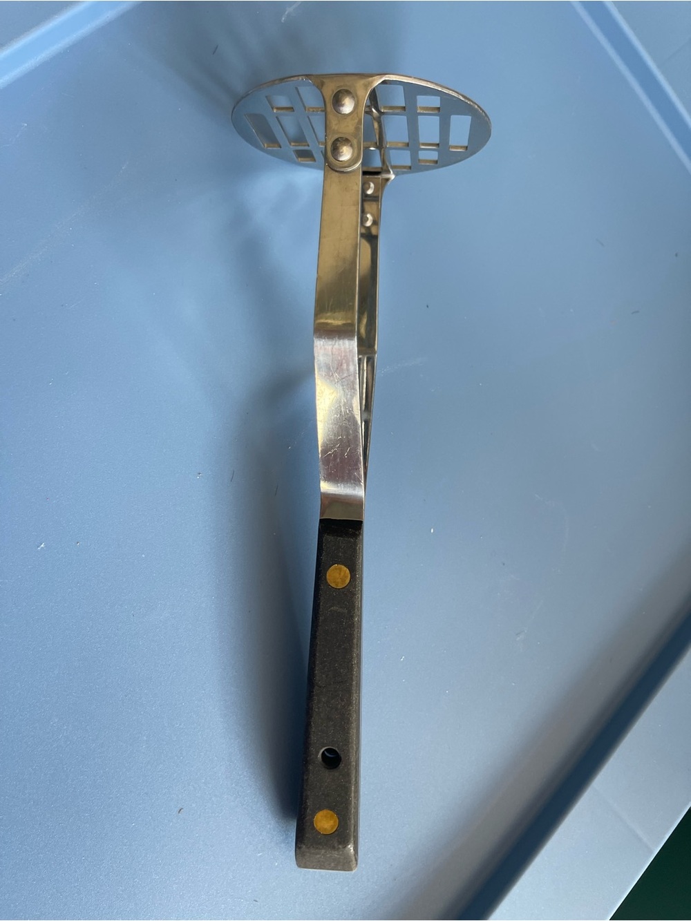 Vintage Flint Arrowhead- USA Stainless Vanadium Masher with Wood Handle 9.25"